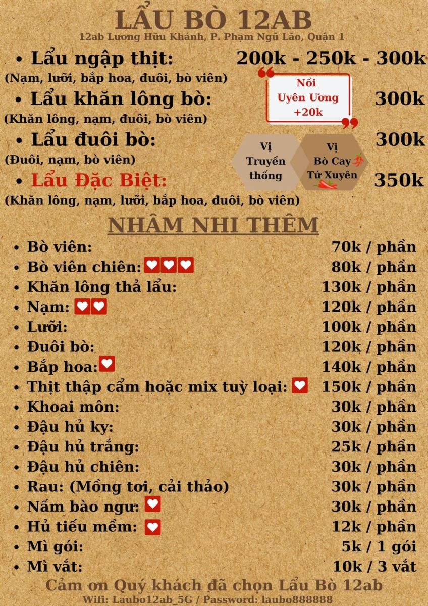 Trang đầu menu quán Lẩu Bò 12ab với các món lẩu chính