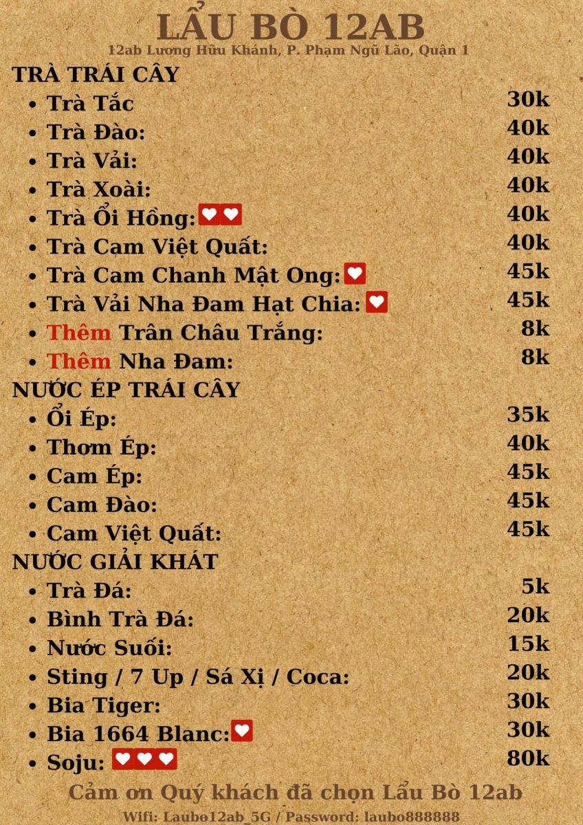 Trang hai menu Lẩu Bò 12ab với các món gọi thêm và nước uống