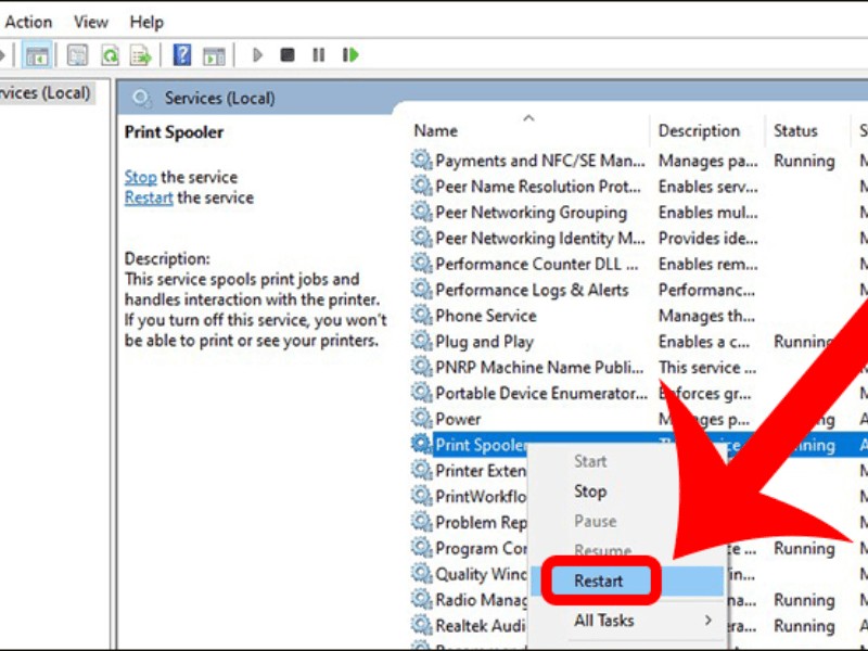 Chọn Restart để khởi động lại dịch vụ Print Spooler và giải phóng hàng đợi in