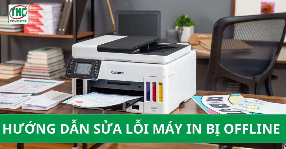 máy in đang bật nguồn và cắm cáp để sửa lỗi máy in offline
