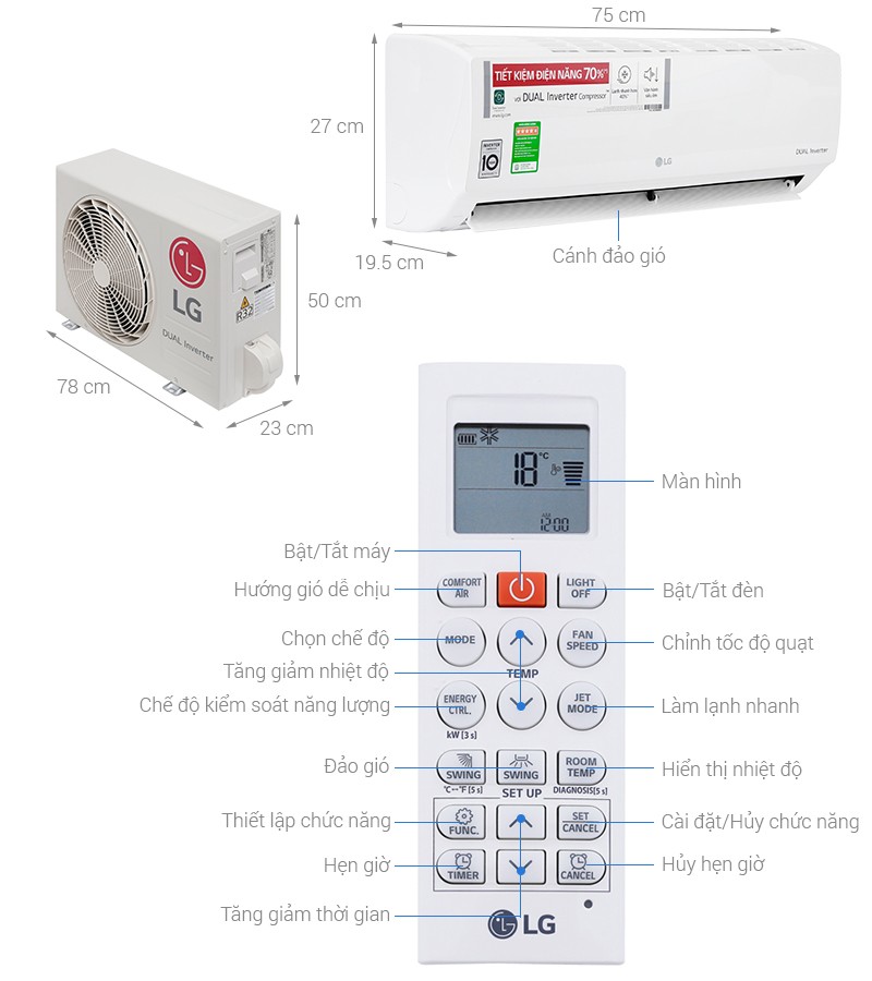 Thiết kế nhỏ gọn và màu trắng tinh tế của máy lạnh LG Inverter 1 HP V10ENV