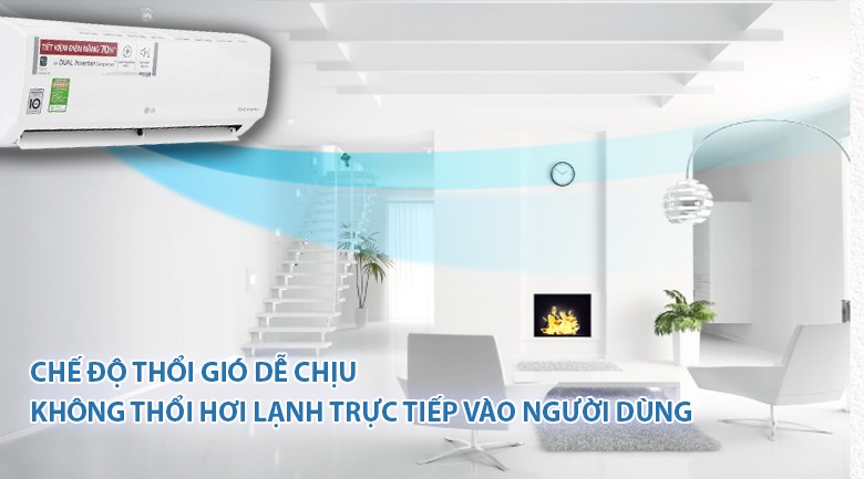Luồng gió dễ chịu hướng lên trần từ máy lạnh LG V10ENV