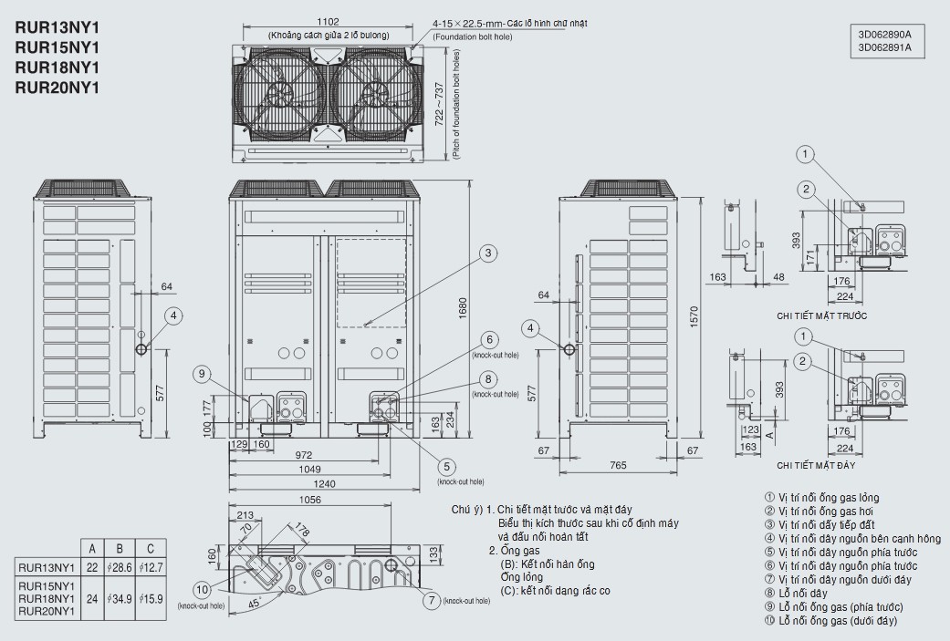 Kích thước dàn nóng máy lạnh tủ đứng nối ống gió Daikin