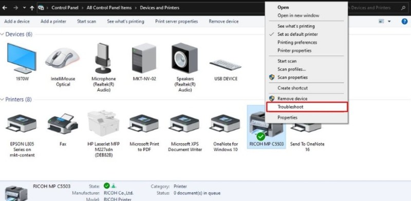 Sử dụng Troubleshooter trên máy in trong Devices and Printers