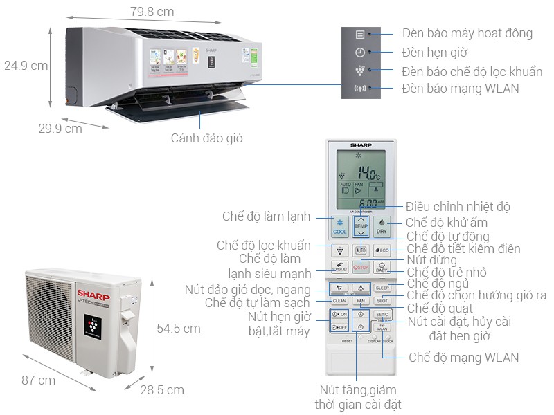 Máy lạnh Sharp Inverter Wifi 1.5 HP AH-XP13VXW thiết kế hiện đại