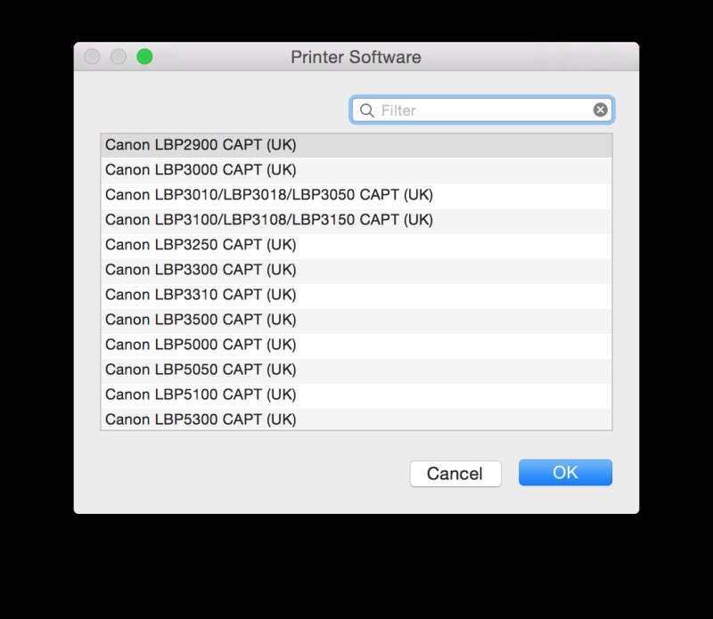 Cửa sổ chọn driver máy in Canon khi thêm máy in mới trên Macbook
