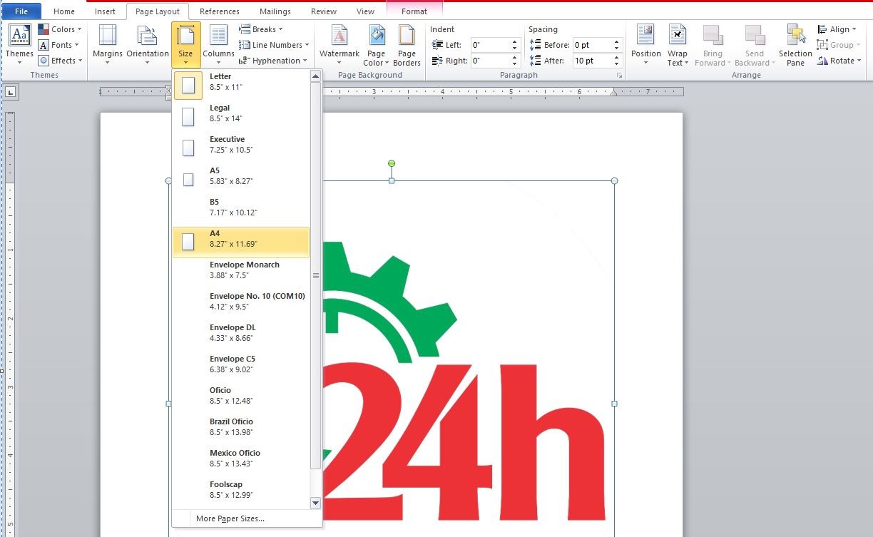 Thiết lập khổ giấy A3 trong menu Layout của Word