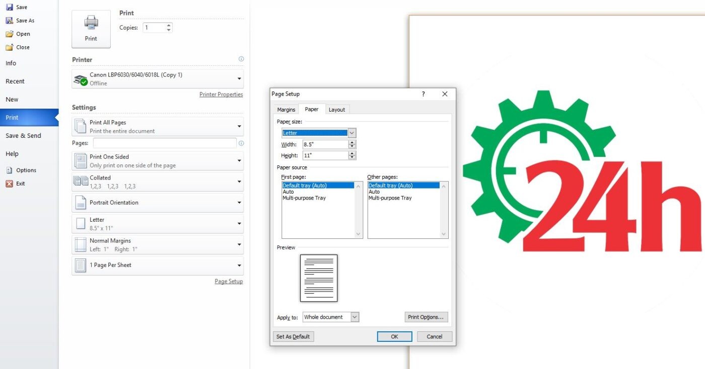Hộp thoại Page Setup trong Word hiển thị tùy chọn chọn khổ giấy A3