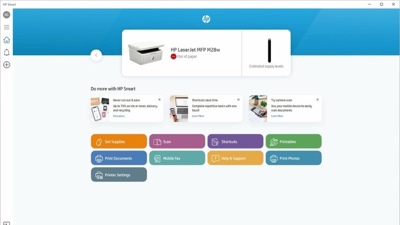 Ứng dụng HP Smart App trên màn hình điện thoại hiển thị các tính năng
