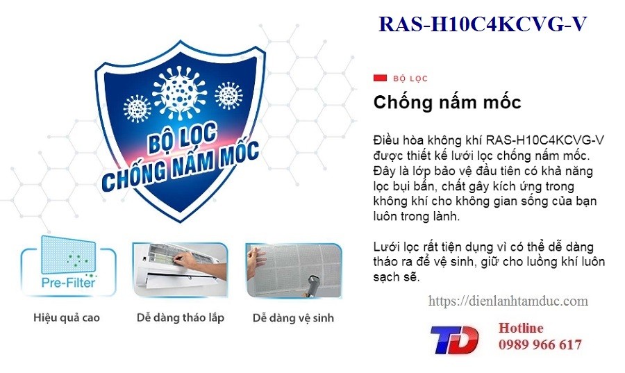 Lưới lọc chống nấm mốc dễ vệ sinh trên máy lạnh Toshiba