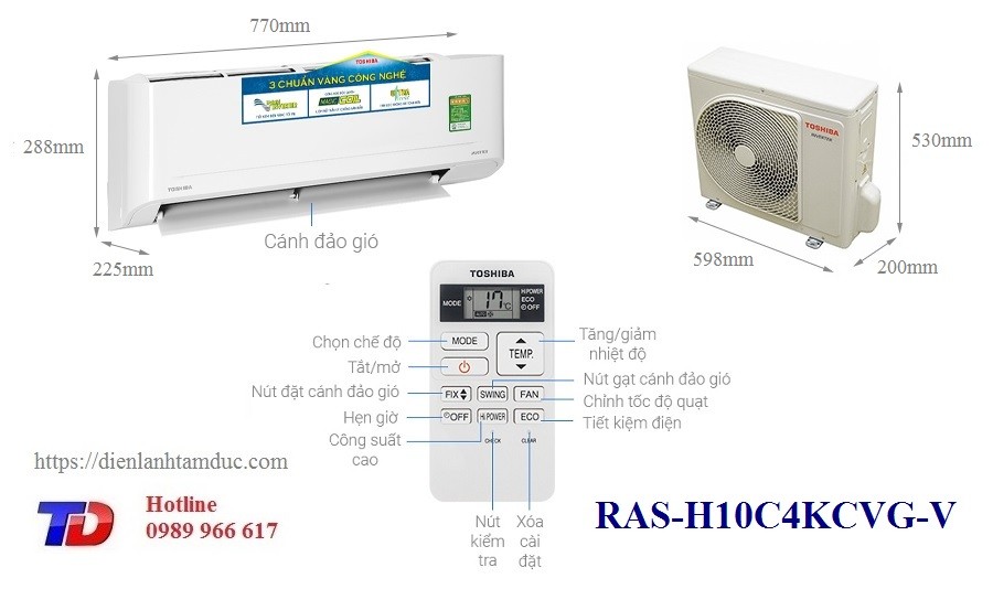 Dàn nóng và dàn lạnh của máy lạnh Toshiba Inverter 1.0 HP RAS-H10C4KCVG-V