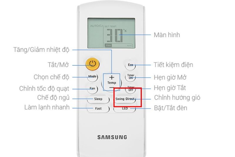 Nút Swing Direct trên remote máy lạnh Samsung