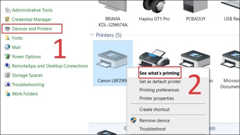 Chọn Devices and Printers và See what's printing để xem hàng đợi máy in