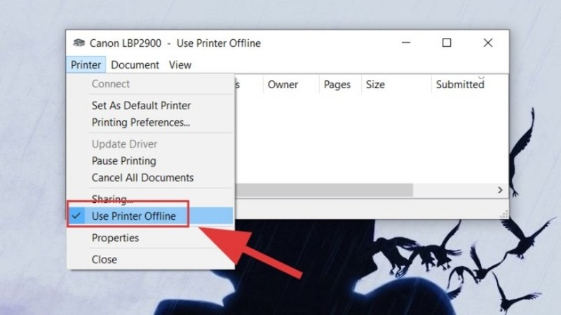 Bỏ chọn Use Printer Offline để đưa máy in về trạng thái sẵn sàng