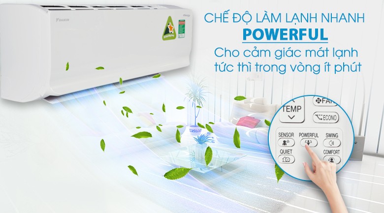 Nút bấm Powerful trên remote máy lạnh 2 chiều Daikin cho chức năng làm lạnh/sưởi ấm nhanh