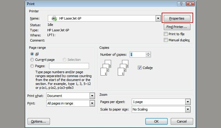 Cách in 2 mặt A4 trong Word 2007 - Mở Properties