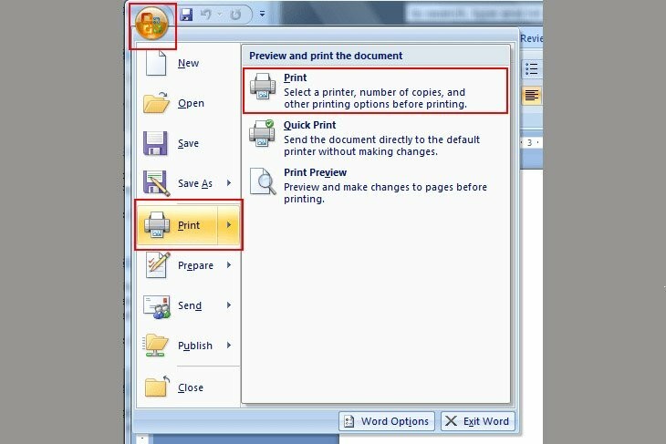 Bắt đầu quá trình in 2 mặt A4 thủ công trong Word 2007