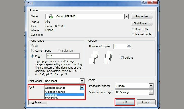 Chọn chế độ Only Print Odd Pages để in 2 mặt A4 thủ công (Word 2007)
