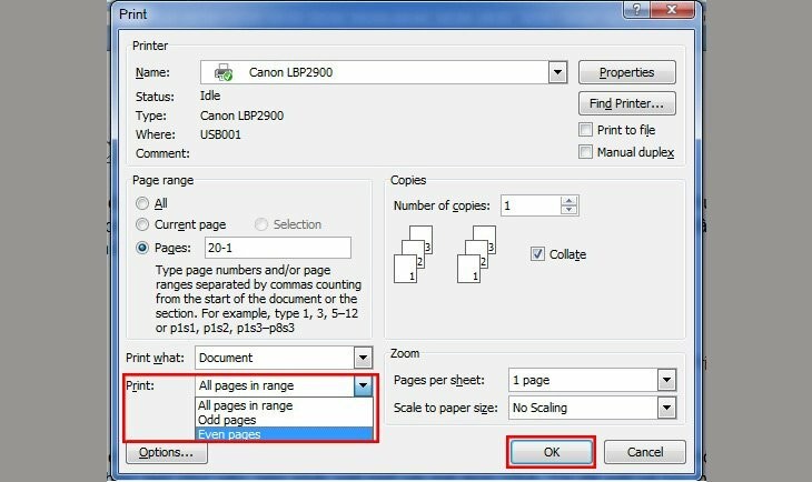 Chọn chế độ Only Print Even Pages để hoàn tất in 2 mặt A4 thủ công (Word 2007)