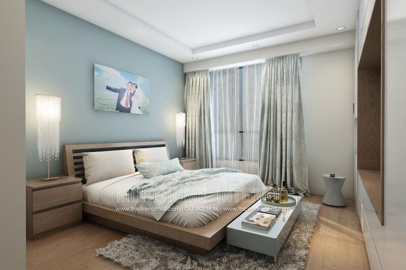 Hình ảnh phòng ngủ chung cư đẹp với giường gỗ công nghiệp thấp