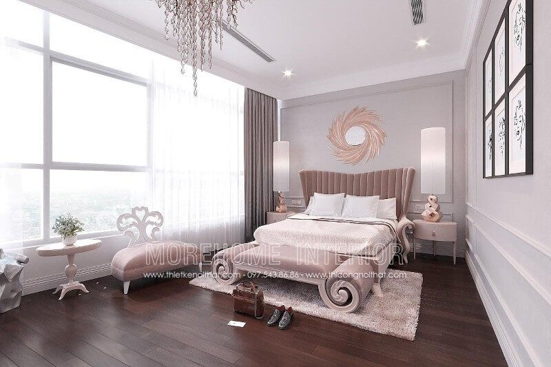 Hình ảnh giường ngủ tân cổ điển thấp gỗ tự nhiên