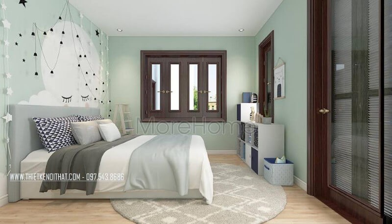 Phòng ngủ nhỏ với giấy dán tường đơn sắc