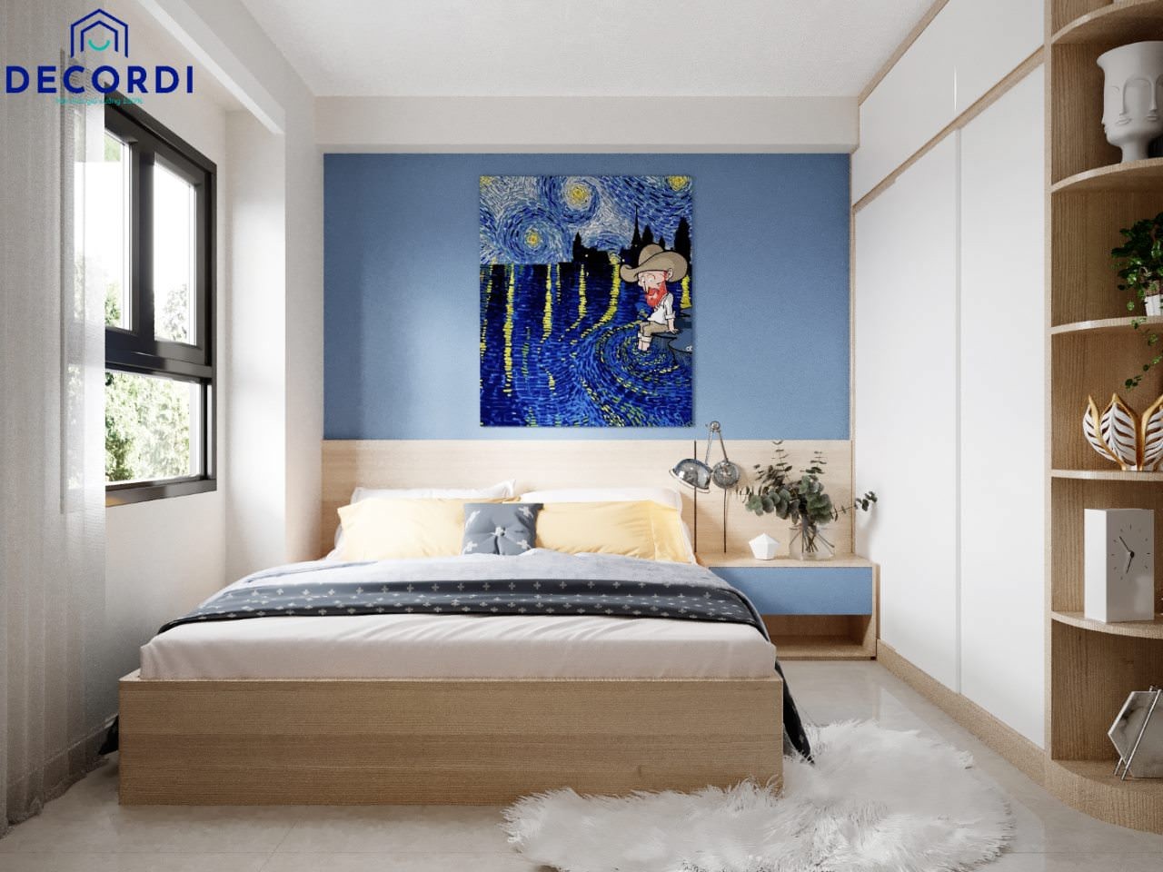 Vách đầu giường màu xanh đậm tạo điểm nhấn cho phòng ngủ