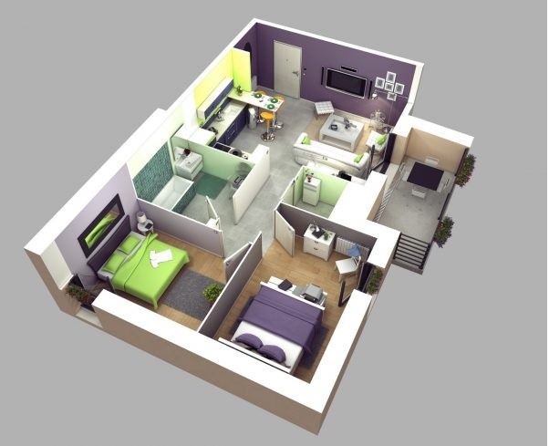 Bố cục thiết kế căn hộ 80m2 2 phòng ngủ với phòng khách và bếp liền kề