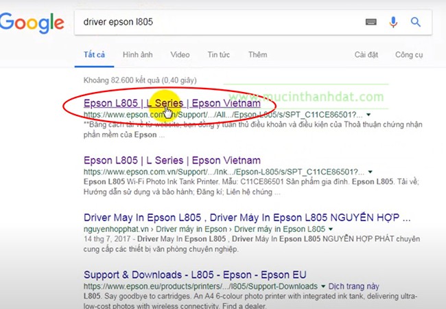 Hướng dẫn tìm kiếm driver máy in Epson L805 trên Google