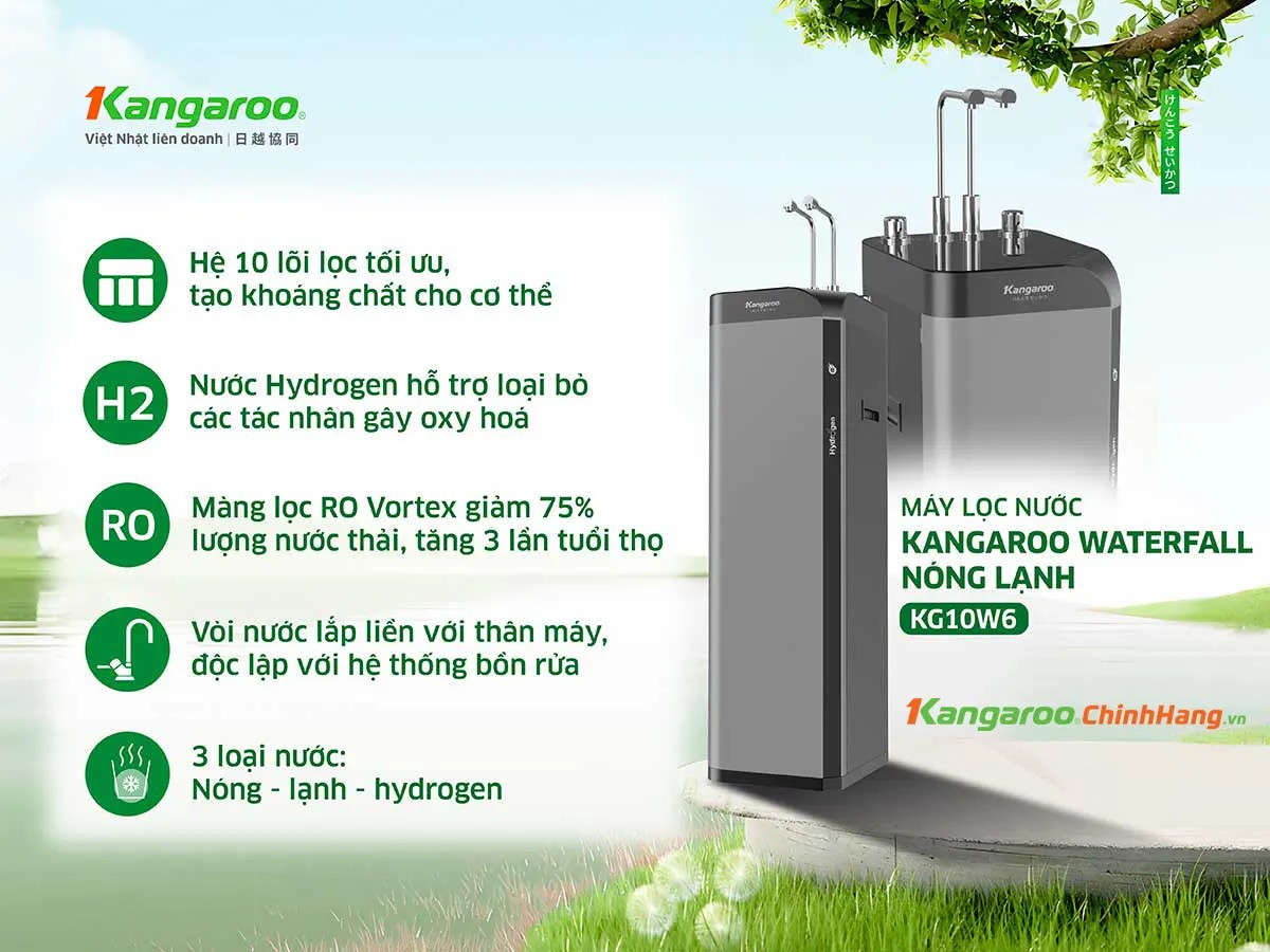 Máy lọc nước Kangaroo Hydrogen Waterfall KG10W6 với 3 chế độ nước nóng, lạnh, Hydrogen