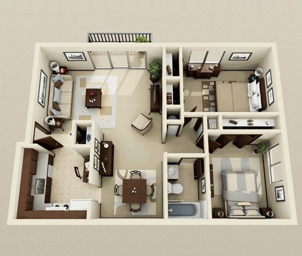 Bố trí căn hộ 80m2 2 phòng ngủ với diện tích phòng ngủ khác nhau