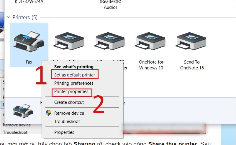 Hình ảnh cửa sổ Devices and Printers, chọn Set as default printer và Printer properties