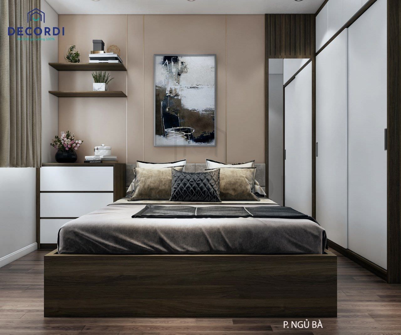 Trang trí phòng ngủ bằng khung ảnh nghệ thuật với tông màu tối phù hợp với người lớn tuổi