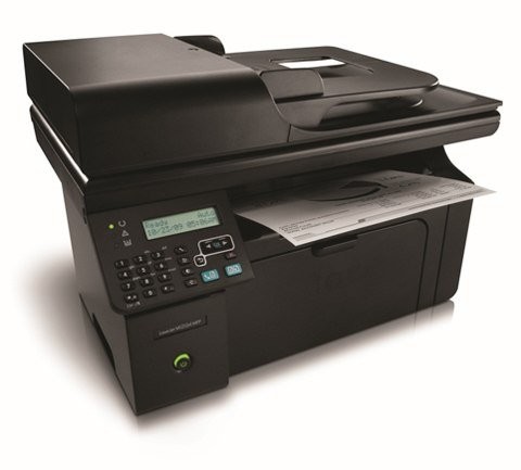 Máy in HP LaserJet Pro M1212nf cũ nhìn từ góc trên bên trái, hiển thị khay nạp giấy tự động ADF