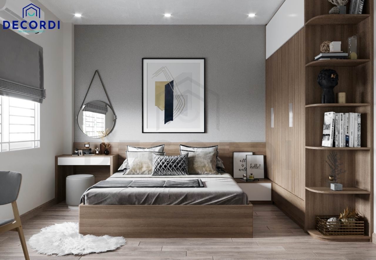Phòng ngủ hiện đại 10m2 tiện nghi với gam màu trung tính, sử dụng tranh treo tường làm điểm nhấn nghệ thuật