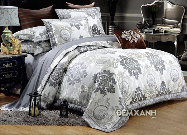 Bộ chăn ga gối màu xám hiện đại và thanh lịch trong phòng ngủ