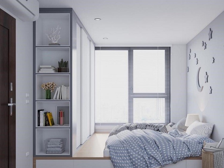 Thiết kế vách ngăn phòng ngủ nhỏ kết hợp kệ trang trí và lưu trữ