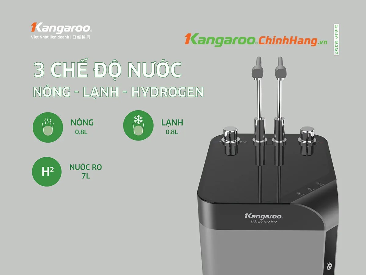 Vòi và bảng điều khiển của máy lọc nước Kangaroo KG10W6 hiển thị các chế độ nóng lạnh hydrogen