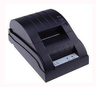 Máy in hóa đơn ATP-58T màu đen, đặt trên bàn làm việc, có giấy in được lắp sẵn.