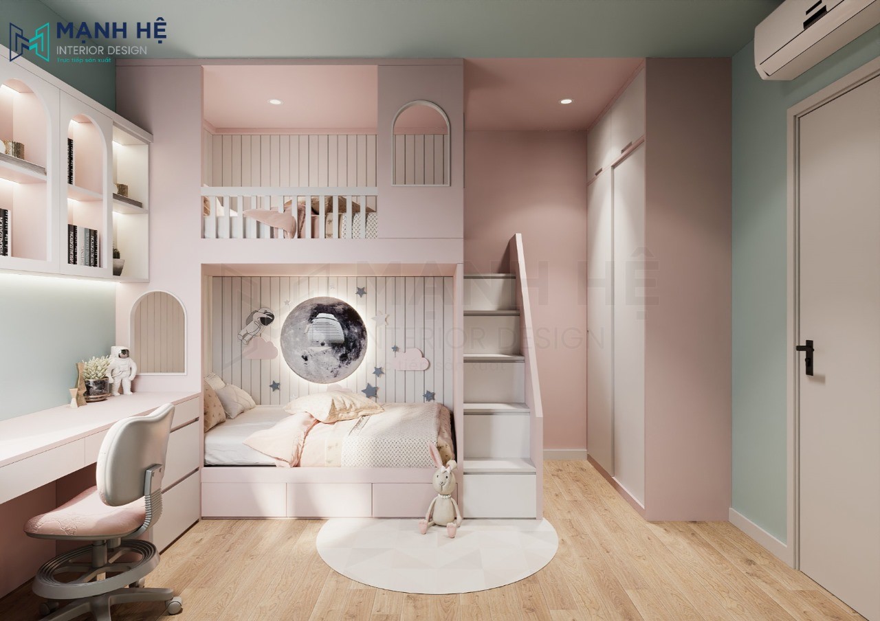 Thiết kế phòng ngủ cho bé gái với gam màu hồng nữ tính và giường tầng cực đẹp