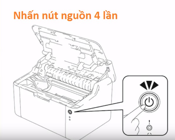 Thao tác bấm nút nguồn để reset drum máy in Brother HL 1110