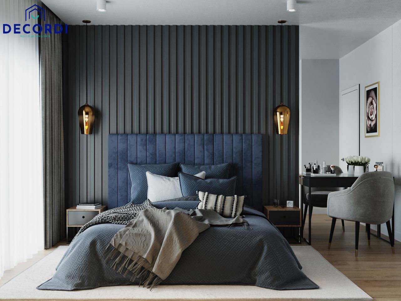 Nội thất phòng ngủ hiện đại cho vợ chồng trong căn phòng 10m2 với gam màu xanh đen cá tính và trẻ trung