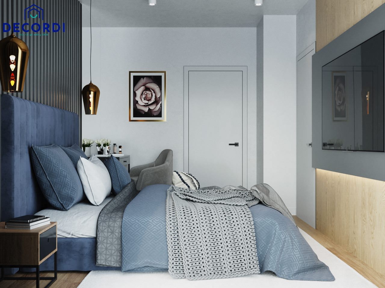 Tổng quan mẫu phòng ngủ màu xanh đen sạch sẽ, mát mẻ
