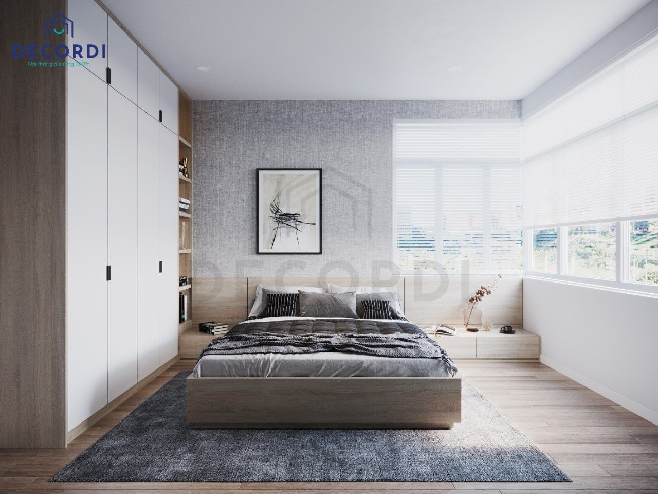 Trang trí phòng ngủ bằng khung ảnh nghệ thuật hơi trừu tượng nhưng đơn giản