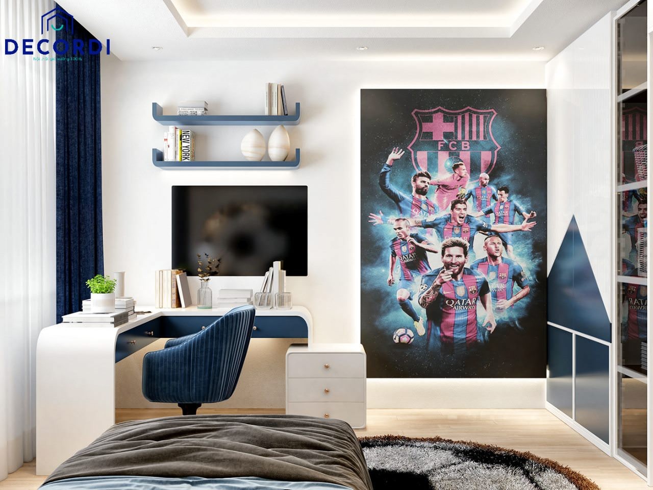 Nội thất phòng ngủ màu xanh đậm hiện đại cho fan bóng đá