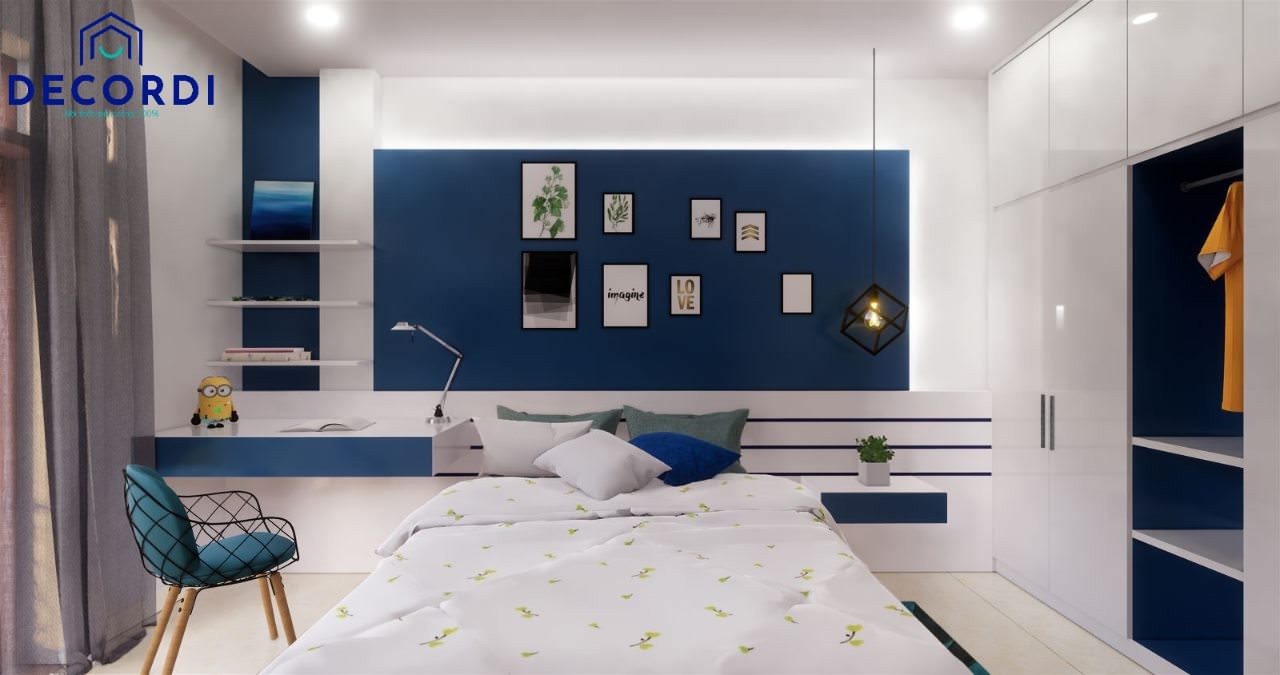 Phối màu trắng và xanh đậm trong mẫu phòng ngủ hiện đại