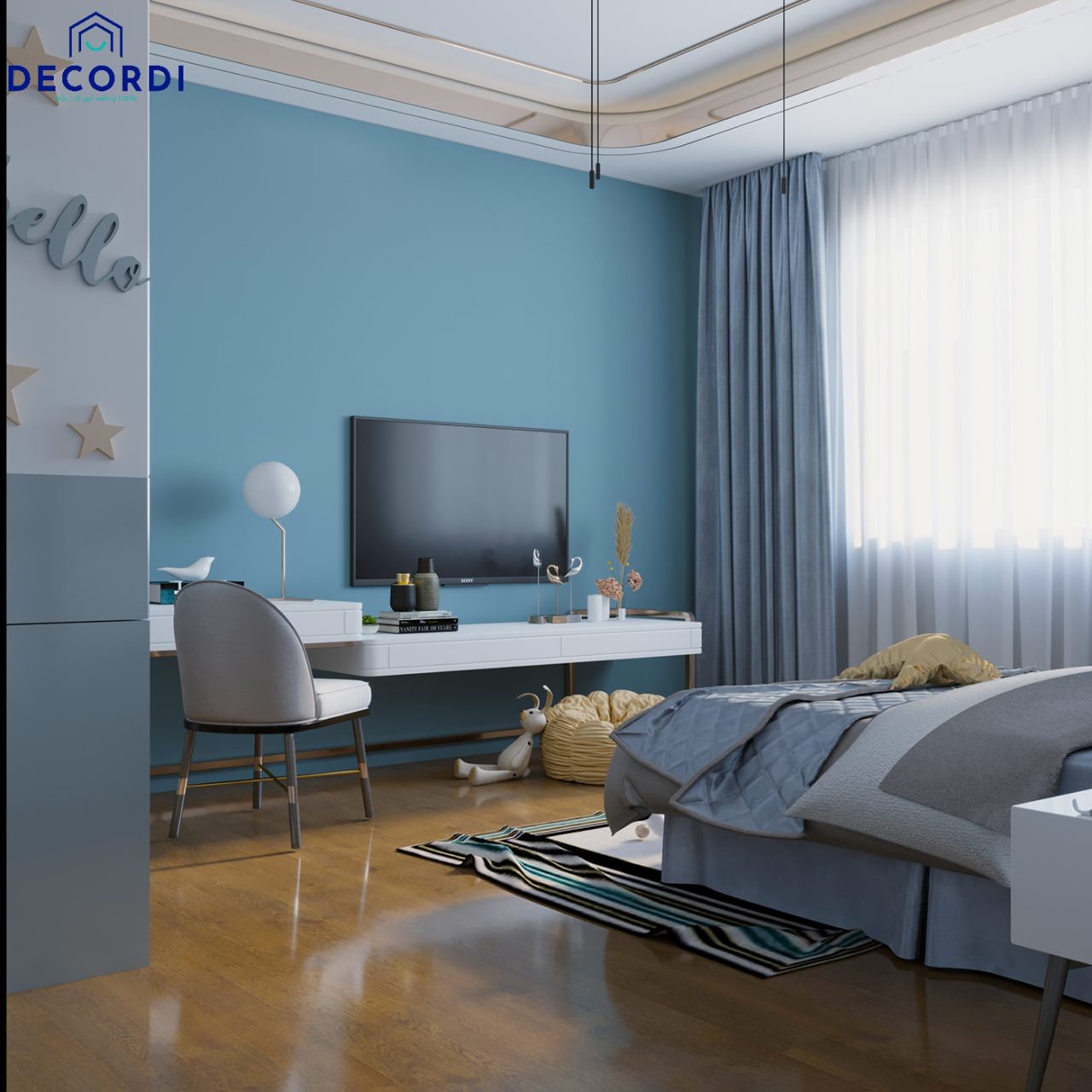 Thiết kế phòng ngủ đẹp cho bé với nhiều tông màu xanh dương nhạt