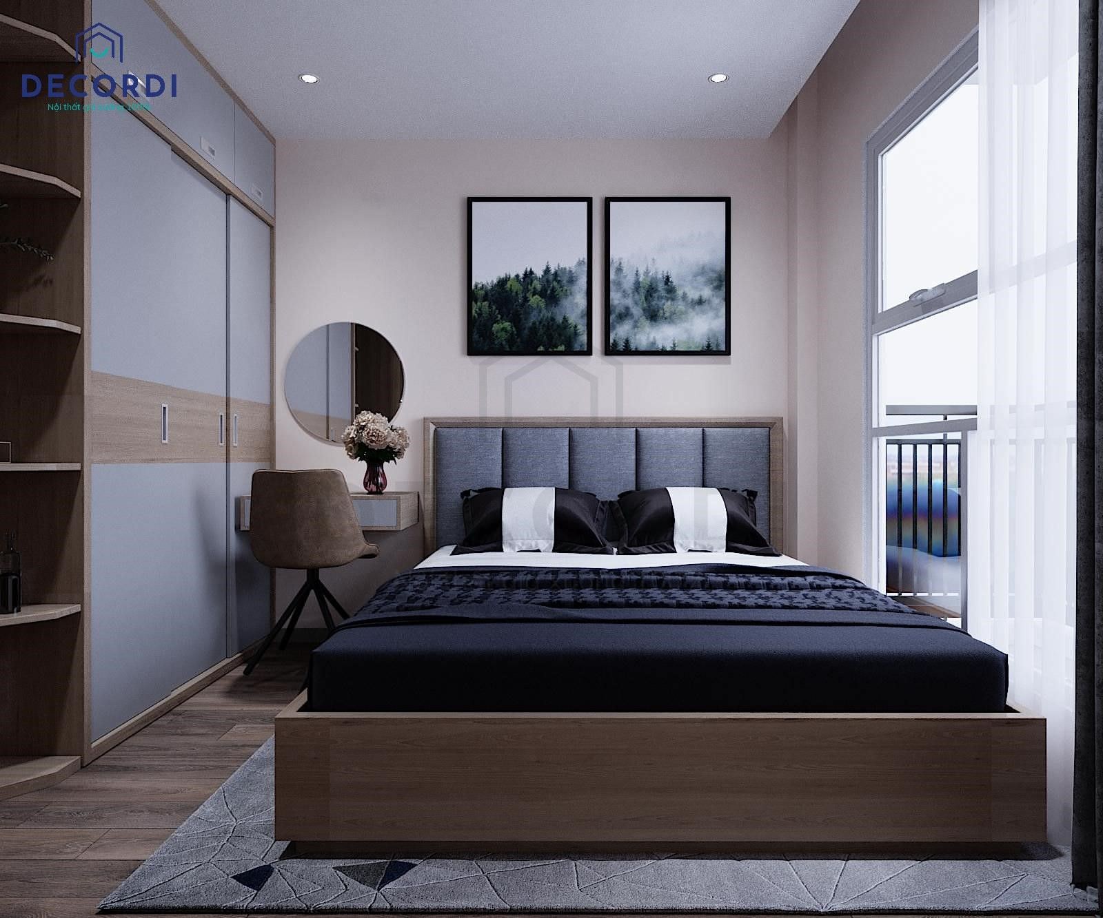 Decor phòng ngủ master ấn tượng với bộ khung ảnh đen hình rừng thông huyền bí