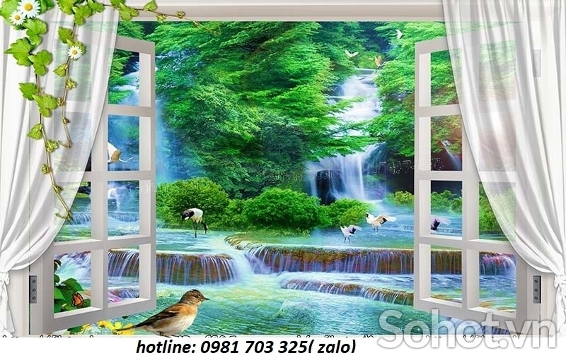 Gạch tranh 3D suối thác và cây xanh trang trí phòng ngủ