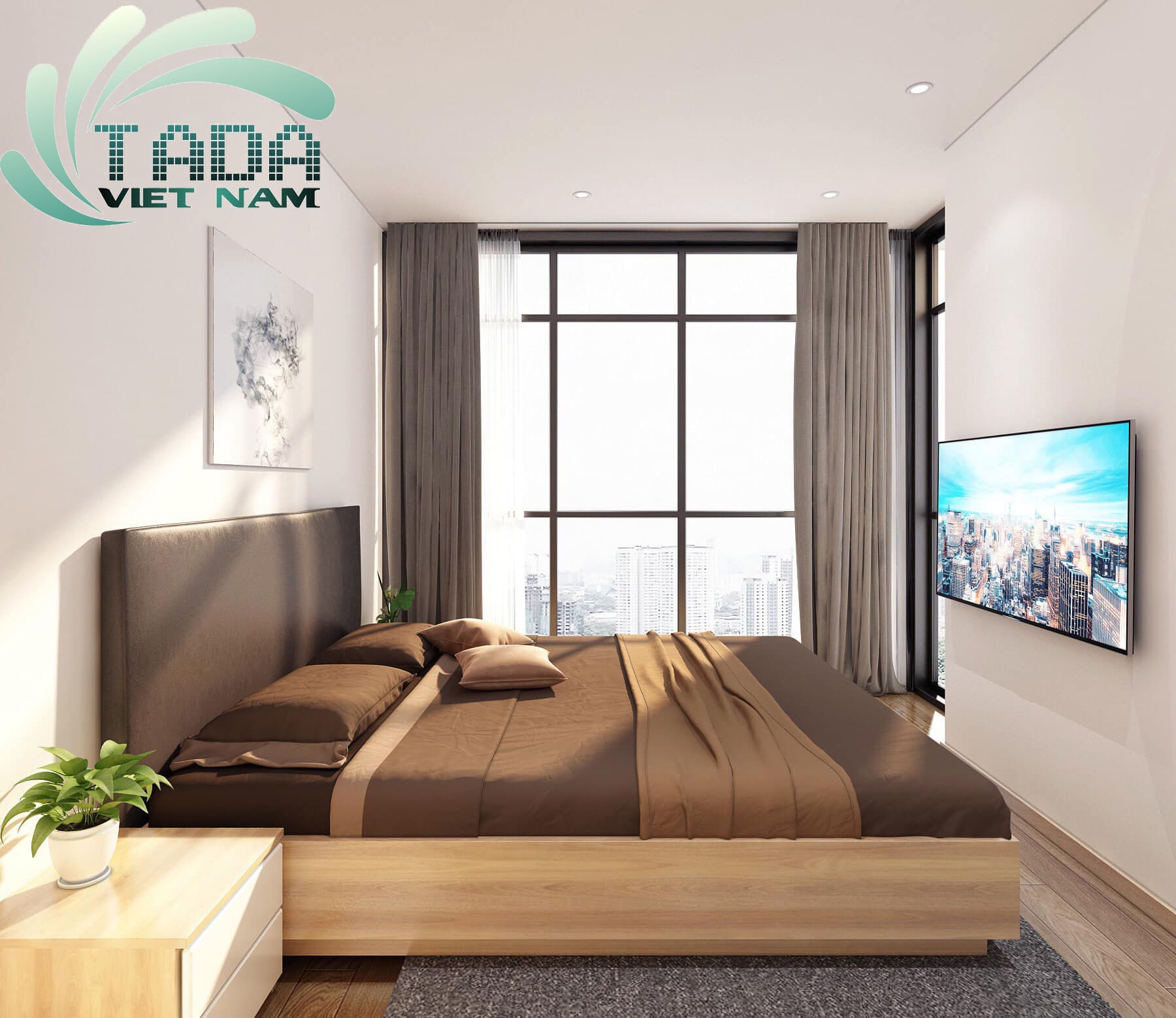 Giường ngủ và tủ đầu giường tông màu gỗ tự nhiên, mang lại cảm giác thư thái